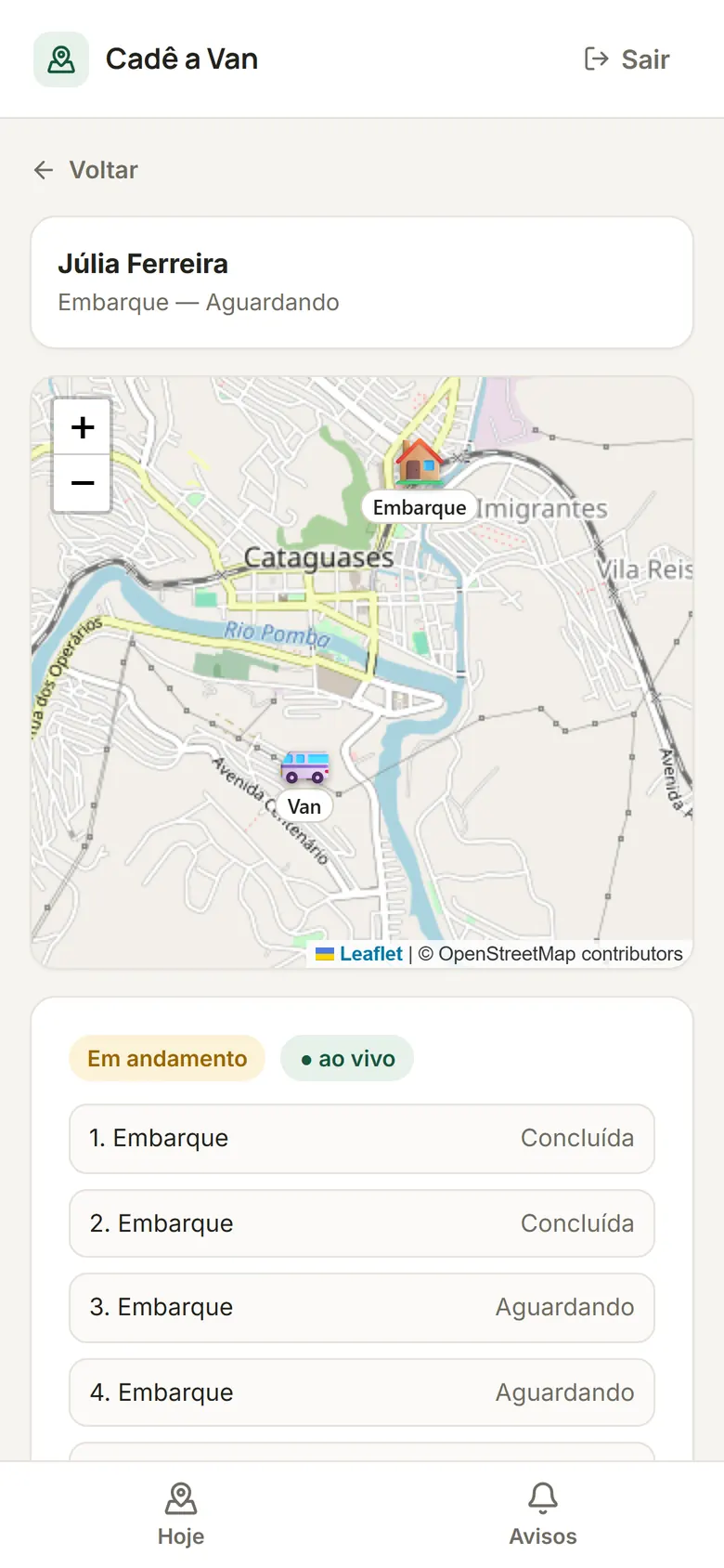Tela do app do responsável mostrando a van escolar no mapa, a casa do aluno e a lista de paradas da rota