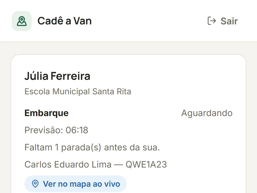 App do responsável com o status do filho, a previsão de chegada e quantas paradas faltam